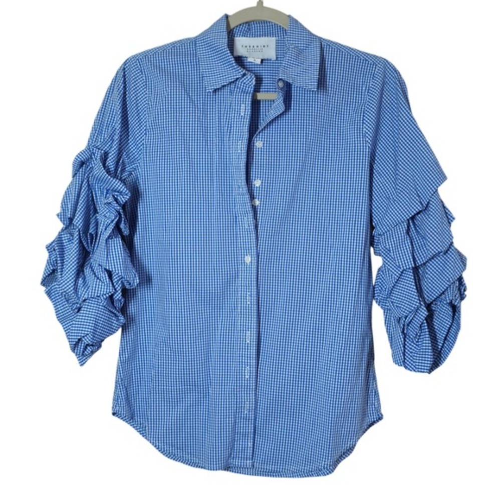 The Shirt Rochelle Behrens Size S Blue‎ Gingham Ruffle Sleeve Button Down Blouse